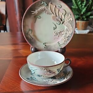 Japanese Moriage Dragonware Tea Cup, Saucer & Dessert Plate (Set 6 of 6)